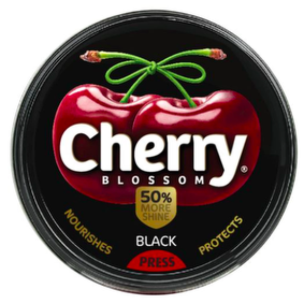 A tin of Cherry Blossom shoe polish, with PRESS printed on the lid